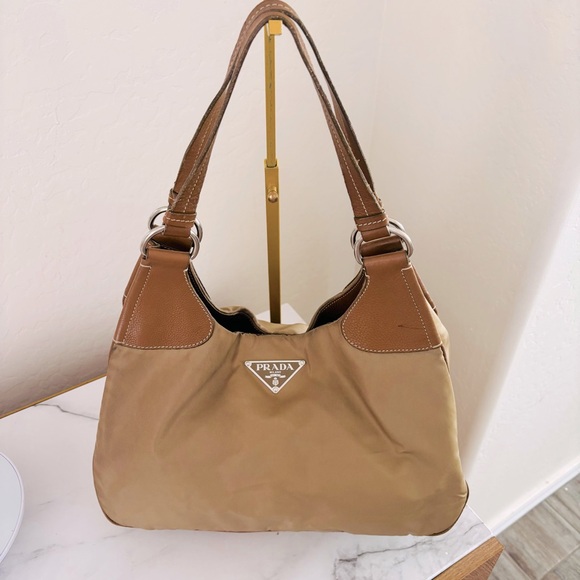 Prada Handbags - Prada Half‎ Moon Hobo Bag Jumbo Logo Brown Tan Leather Nylon Designer Luxury COA